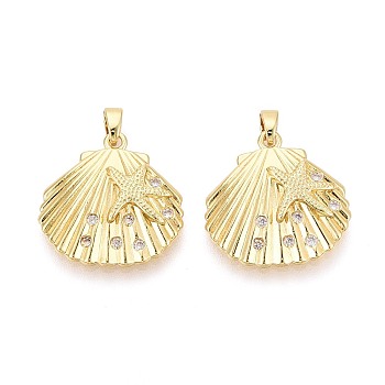 Brass Micro Pave Clear Cubic Zirconia Pendants, Shell Shape Charms, Golden, 20.5x20.5x4mm, Hole: 5x2.2mm