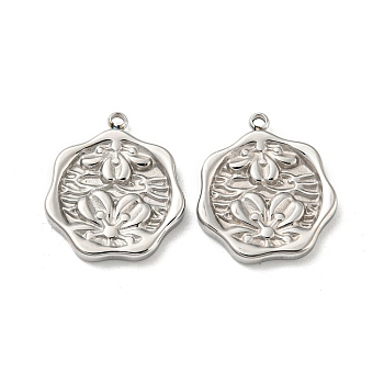 304 Stainless Steel Pendants, Octagon with Lotus Charms, Stainless Steel Color, 18.5x16x2.5mm, Hole: 1.5mm
