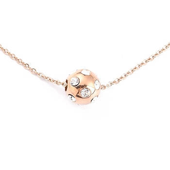 304 Stainless Steel Pendant Necklaces, with Crystal Rhinestone, Round, Rose Gold, 17.63 inch(44.8cm)
