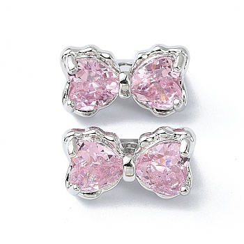 Brass Pave Cubic Zirconia Multi-Strand Links, 3-Hole, Bowknot, Platinum, Pink, 7x12x7mm, Hole: 1.2mm