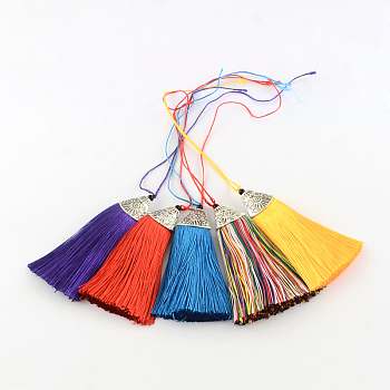 Polyester Tassel Pendant Decorations with Antique Silver CCB Plastic Findings, Mixed Color, 80x20x11mm