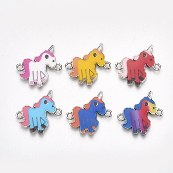 Printed Alloy Links connectors, with Enamel, Unicorn, Mixed Color, 22x23x2mm, Hole: 1.8mm