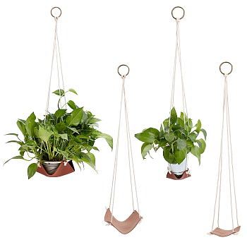 PandaHall Elite 4Pcs 2 Style Leather Hanging Basket, Indoor Outdoor Hanging Flower Planter Basket, Coconut Brown, 730x115mm, Hole: 2mm, 2pcs/style