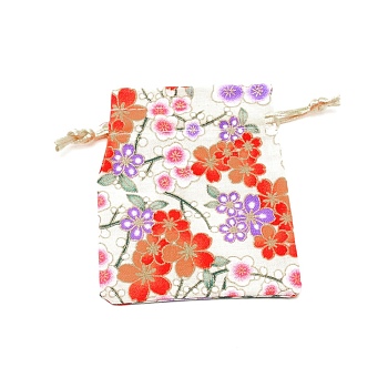 Cotton and Linen Cloth Packing Pouches, Drawstring Bag, Rectangle with Sakura Pattern, Old Lace, 10x8x0.25cm