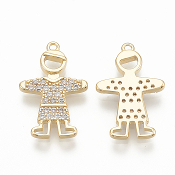 Brass Micro Pave Cubic Zirconia Pendants, Boy, Nickel Free, Real 18K Gold Plated, 17x11x1.5mm, Hole: 1mm