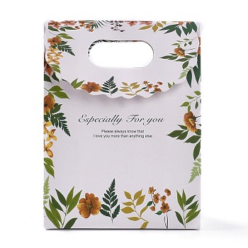 Rectangle Paper Flip Gift Bags, with Handle & Word & Leaf Pattern, Shopping Bags, White, 12.3x6x16.1cm