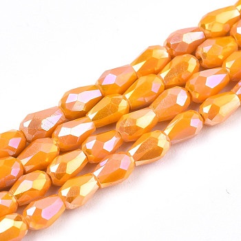 Electroplate Glass Beads Strands, AB Color Plated, Faceted Teardrop, Orange, 4x3mm, Hole: 0.7mm, about 98~99pcs/strand, 16.54~16.92 inch(42~43cm)
