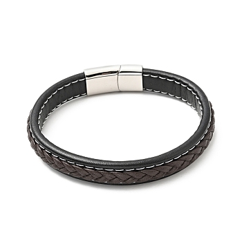 Cowhide Braided Flat Cord Bracelet with 304 Stainless Steel Magnetic Clasps, Gothic Jewelry for Men Women, Coconut Brown, 9-5/8 inch(24.5cm)