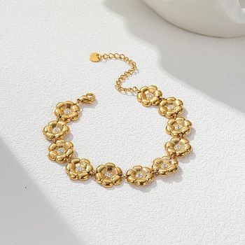 304 Stainless Steel Micro Pave Cubic Zirconia Link Bracelets for Women, Flower, Golden, 6.50 inch(16.5cm)