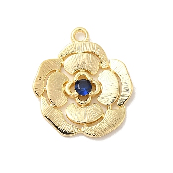 Brass Glass Pendants, Flower, Real 18K Gold Plated, Blue, 20x17.5x3mm, Hole: 1.6mm