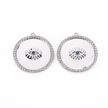 Brass Micro Pave Blue Cubic Zirconia Pendants, Nickel Free, Flat Round with Eye, Real Platinum Plated, 22x20x2mm, Hole: 1mm