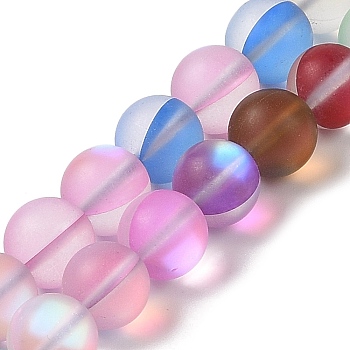 Electroplated Synthetic Moonstone Beads Strands, Dyed, Holographic Beads, Half AB Color Plated, Frosted, Round, Mixed Color, 10mm, Hole: 1mm, about 34~38pcs/strand, 13.58~15.16 inch(34.5~38.5cm)