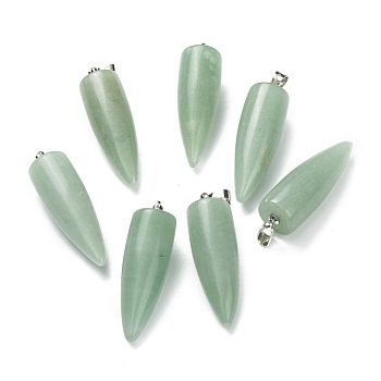Natural Green Aventurine Pendants, with Platinum Brass Findings, Bullet, 32~35x10~11mm, Hole: 7X3mm