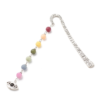 Tibetan Style Alloy Bookmarks, with Chakra Theme Frosted Natural Gemstone Beaded Pendant, Eye, Antique Silver, 138mm
