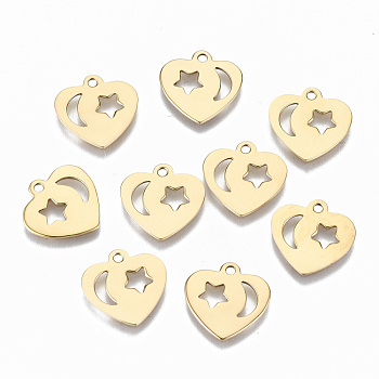 304 Stainless Steel Charms, Laser Cut, Heart with Moon & Star, Real 14K Gold Plated, 12.5x13x0.5mm, Hole: 1.2mm