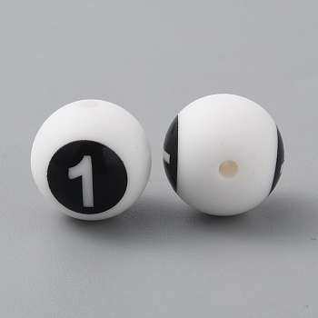 Silicone Beads, Chewing Beads For Teethers, DIY Nursing Necklaces and Bracelets Making, White Round with Black Numbers, Num.1, 13.5mm, Hole: 2.2mm