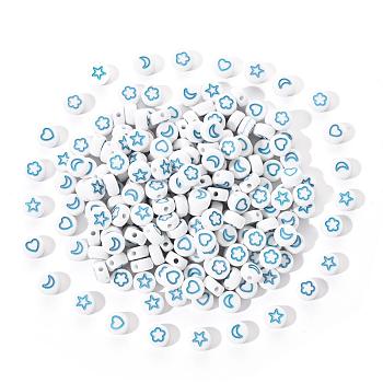 White Opaque Acrylic Beads, Flat Round with Heart & Flower & Moon & Star, Cadet Blue, 7x4mm, Hole: 1.6mm, 200pcs/set