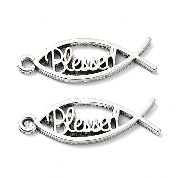 Tibetan Style Alloy Pendant, Lead Free & Cadmium Free, Fish with Word Blessed, Antique Silver, 27x19.5x1.5mm, Hole: 1.6mm, 1021pcs/1000g