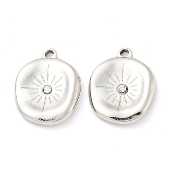 304 Stainless Steel Pendants, with Rhinestone, Flat Round with Sun, Stainless Steel Color, 16.5x13x2.5mm, Hole: 1.4mm
