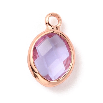 Faceted Glass Pendants, with Rose Gold Brass Findings, June Birthstone Charms, Oval, Lilac, 13x8x4mm, Hole: 1.8mm