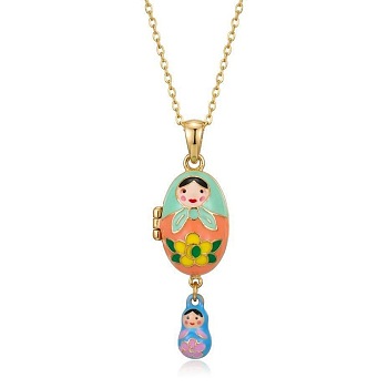 Brass Enamel Russian Doll Egg Locket Pendant Necklaces for Women, Golden, Aquamarine, 17.72 inch(45cm)