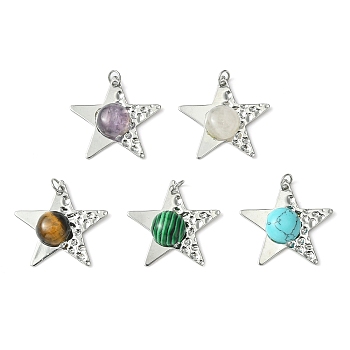 Natural & Synthetic Mixed Gemstone Pendants, 304 Stainless Steel Star Charms with Jump Rings, Stainless Steel Color, 25x26.5x5.5~6mm, Hole: 2.6mm