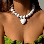 Glass Heart Pendant Round Plastic Beaded Necklaces for Women, Platinum, White, 18.90 inch(48cm)(FS-WG4AA6D-01)