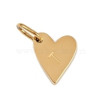 304 Stainless Steel Charms, with Jump Rings, Heart with Letter Charms, Golden, Letter T, 10x8.5x1.5mm, Hole: 4x2.5mm(STAS-L291-01G-T)