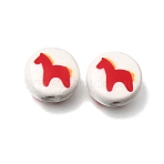 Handmade Porcelain Beads, Flat Round with Horse, Printed, Red, 16x8mm, Hole: 2mm(PORC-K013-02A)