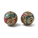Handmade Tibetan Style Beads, Round, Brass Beads, with Synthetic Turquoise, Antique Golden, 17~18x16~17.5mm, Hole: 1.8~2mm(KK-Z157-02AG-02)