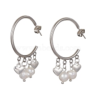 304 Stainless Steel Half Hoop Earrings, Natural Pearl Dangle Stud Earrings, Heart, 47x7mm(EJEW-JE05590-03)
