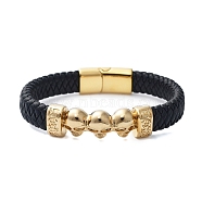 Men's Braided Black PU Leather Cord Bracelets, Skull 304 Stainless Steel Link Bracelets with Magnetic Clasps, Golden, 8-5/8x5/8 inch(21.9x1.5cm)(BJEW-K243-46G)