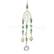 Brass Hollow Leaf Hanging Ornaments, Glass & Natural Green Aventurine Chip Tassels for Home Garden Decorations, Golden, 295mm(HJEW-TA00181)