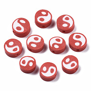 Handmade Polymer Clay Beads, Flat Round with Yin Yang, Red, 9~10x9~10x4~7mm, Hole: 2mm(CLAY-T016-65F)