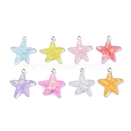 Transparent Resin Pendants, Star Charms with Paillettes and Platinum Plated Iron Loops, Random Color, 28~29x24~25x5mm, Hole: 2mm(RESI-C043-02P)
