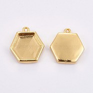 Brass Pendant Cabochon Settings, Plain Edge Bezel Cups, Long-Lasting Plated, Hexagon, Golden, Tray: 10.5x11.5mm, 14.5x14x3mm, Hole: 0.8mm(KK-F748-09G)