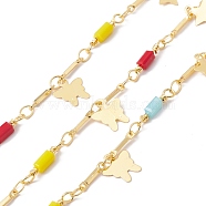 Handmade Eco-friendly Brass Butterfly & Star Charms Chain, with Glass Rectangle Beaded, Real 18K Gold Plated, Lead Free & Cadmium Free, Soldered, with Spool, Colorful, 14x2.5x2.5mm, 8.5x1x1mm(CHC-E025-11G)