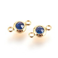 304 Stainless Steel Rhinestone Links connectors, Flat Round, Golden, Sapphire, 12x6.5x4mm, Hole: 2mm(STAS-P237-17G-01)