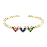 Cubic Zirconia Triple Heart Open Cuff Bangle, Real 18K Gold Plated Brass Jewelry for Women, Colorful, Inner Diameter: 1-7/8x2-1/8 inch(4.9x5.5cm)(BJEW-G651-09G-05)