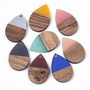 Resin & Walnut Wood Pendants, Waxed, Teardrop, Mixed Color, 28x19x3.5mm, Hole: 2mm(RESI-T035-08)