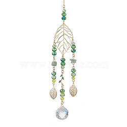 Brass Hollow Leaf Hanging Ornaments, Glass & Natural Green Aventurine Chip Tassels for Home Garden Decorations, Golden, 295mm(HJEW-TA00181)