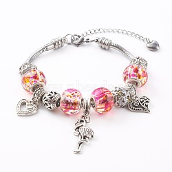 304 Stainless Steel European Bracelets, with Glass Rondelle Beads and Alloy Pendants and Beads, Flamingo & Heart, Hot Pink, Antique Silver, 7-7/8 inch(20cm)(BJEW-JB06068)