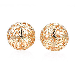 Brass Beads, Hollow, Nickel Free, Round with Dragonfly, Light Gold, 23mm, Hole: 3.5mm(KK-S356-118-NF)