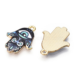 Printed Light Gold Tone Alloy Pendants, Hamsa Hand with Eye Charms, Aquamarine, 23x18x2mm, Hole: 1.4mm(ENAM-N056-206I)