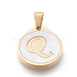 304 Stainless Steel Pendants, with Shell, Flat Round with Alphabet, Golden, Letter.Q, 20.5x18x2.5mm, Hole: 7x4mm(STAS-O138-21p-Q)