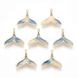 Golden Tone Brass Pendants, with Cellulose Acetate(Resin), Whale Fishtail, Light Sky Blue, 12x14x4mm, Hole: 2mm(X-KY-R020-01)