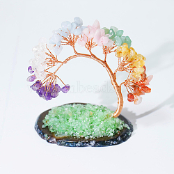Gradient Macaron Color Gemstone Tree of Life Feng Shui Ornaments, Home Display Decorations, with Agate Slice Base, 95x50x90mm(TREE-PW0001-15B)