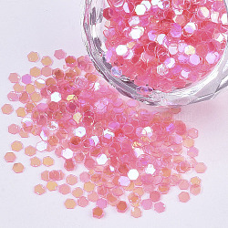 Ornament Accessories, PVC Plastic Paillette/Sequins Beads, AB Color Plated, Hexagon, Hot Pink, 2.5x2.8x0.4mm, about 840pcs/20g(X-PVC-T021-04)
