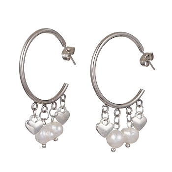 304 Stainless Steel Half Hoop Earrings, Natural Pearl Dangle Stud Earrings, Heart, 47x7mm