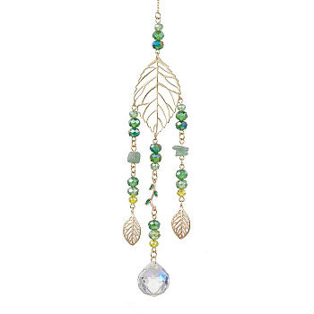 Brass Hollow Leaf Hanging Ornaments, Glass & Natural Green Aventurine Chip Tassels for Home Garden Decorations, Golden, 295mm